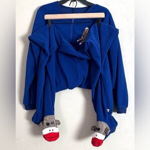 Nick & Nora Royal Blue Sock Monkey Footed One-Piece pajama Sleepwear Large